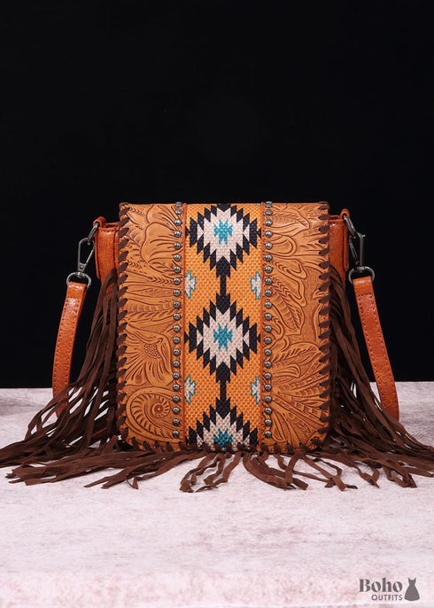 Boho Leather Carved Shoulder Bag